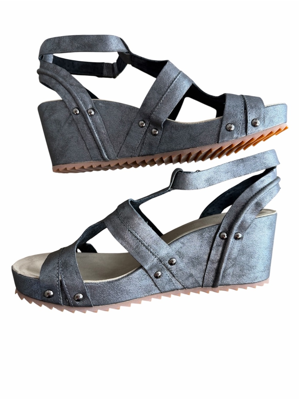 Antelope Wedge Sandals size 39 8-8.5 Metallic Black Studded Strappy Boho Shoes